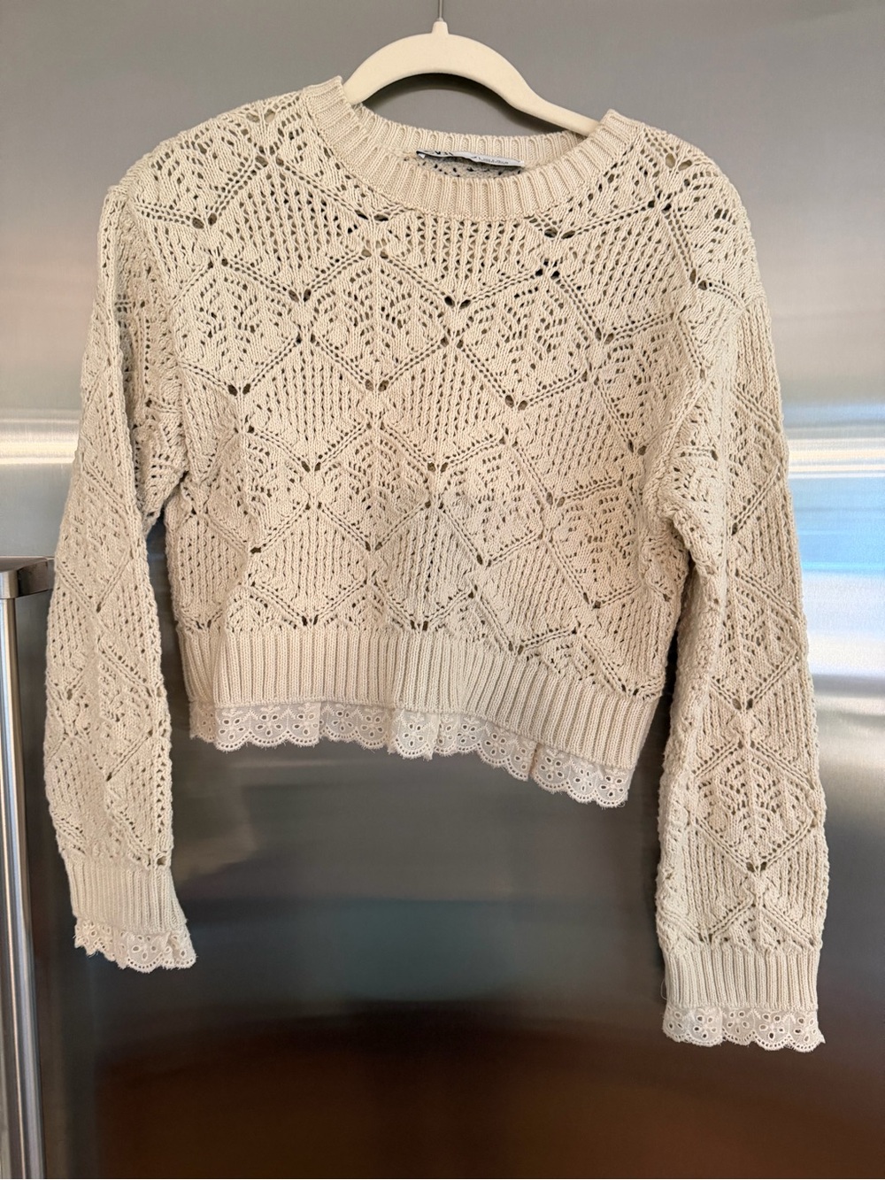 Zara Cream Openwork Lace-Trim Crewneck Sweater